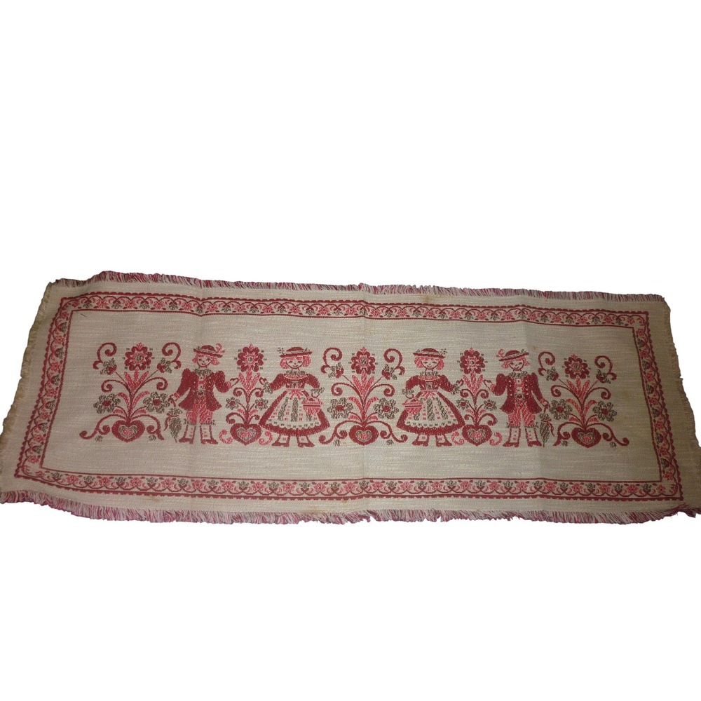 Vintage Made in Austria Linen Cotton Table Runner Reversible‎ Jacquard Folk Art